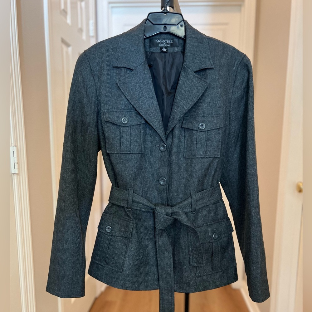 Larry Levine Charcoal Gray Belted Blazer Jacket
